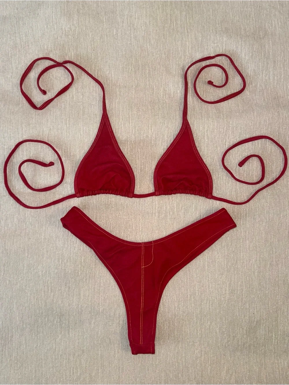 Frankie’s Bikinis Red Denim Bikini SET Sexy Full Moon Paradise Halter Large